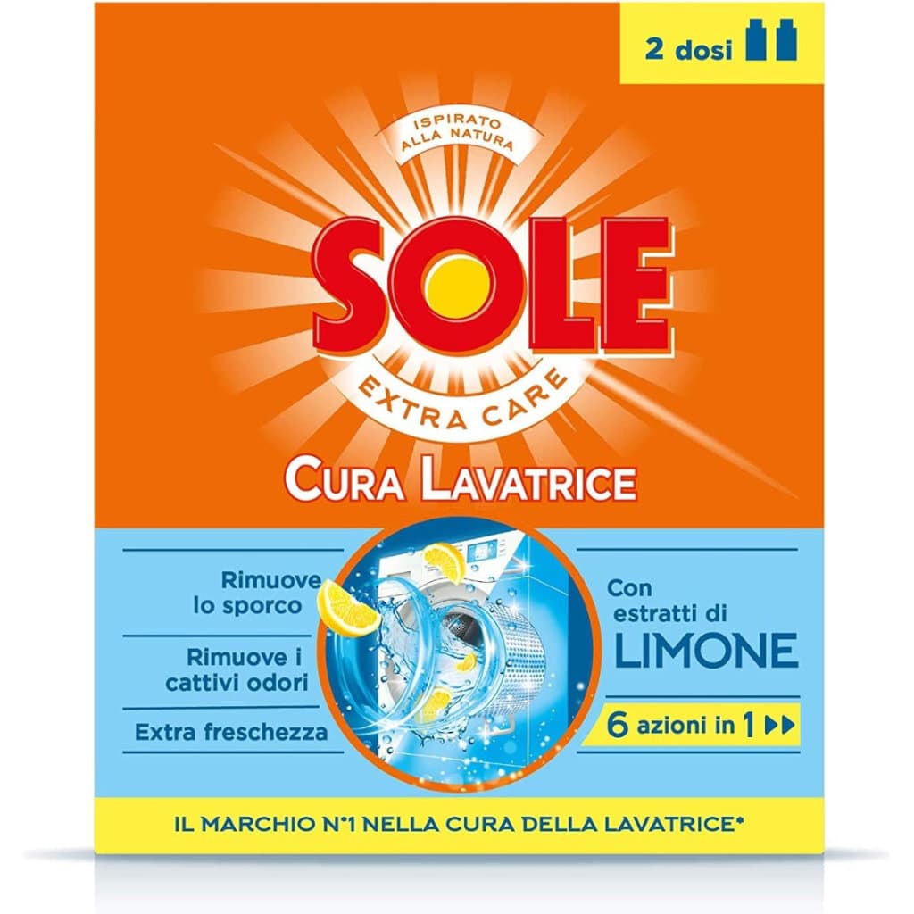 Опаковка на Sole Cura Lavatrice, подчертаваща свойствата за почистване, хигиенизация и премахване на варовик.