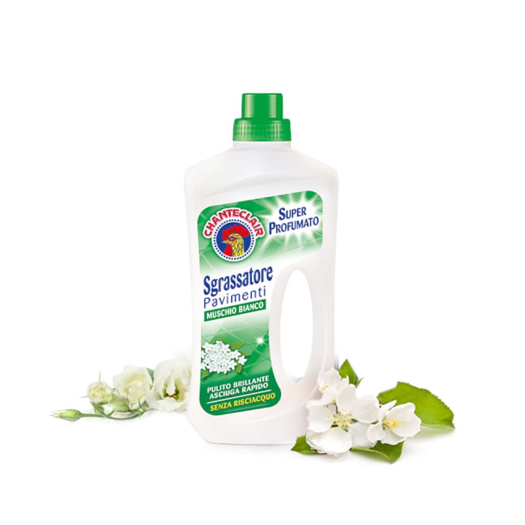 Бутилка на Chanteclair Sgrassatore Pavimenti Muschio Bianco, подчертаваща концентрираната и натурална формула.