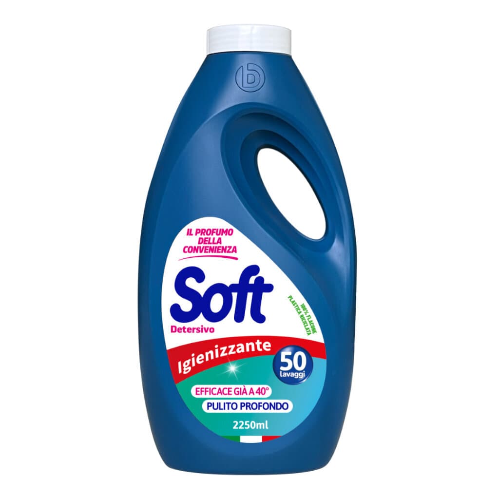 Soft Detersivo Liquido Igienizzante Liquigel – Течен перилен препарат с хигиенизираща формула – Предна част на опаковката.