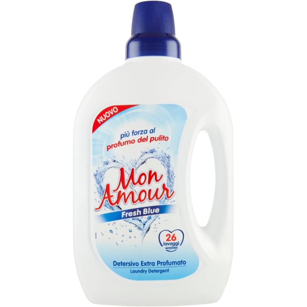 Опаковка и преден изглед на Mon Amour Detersivo Liquido Lavatrice Fresh Blue 1.56 л | Течен Перилен Препарат с Интензивен Аромат