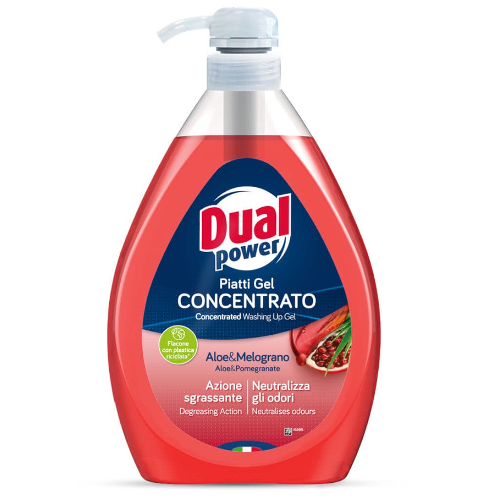 "Piatti Gel Concentrato Aloe e Melograno – Предна страна на опаковката, показваща продукта за миене на съдове с изключителна абсорбираща способност и свеж аромат."
