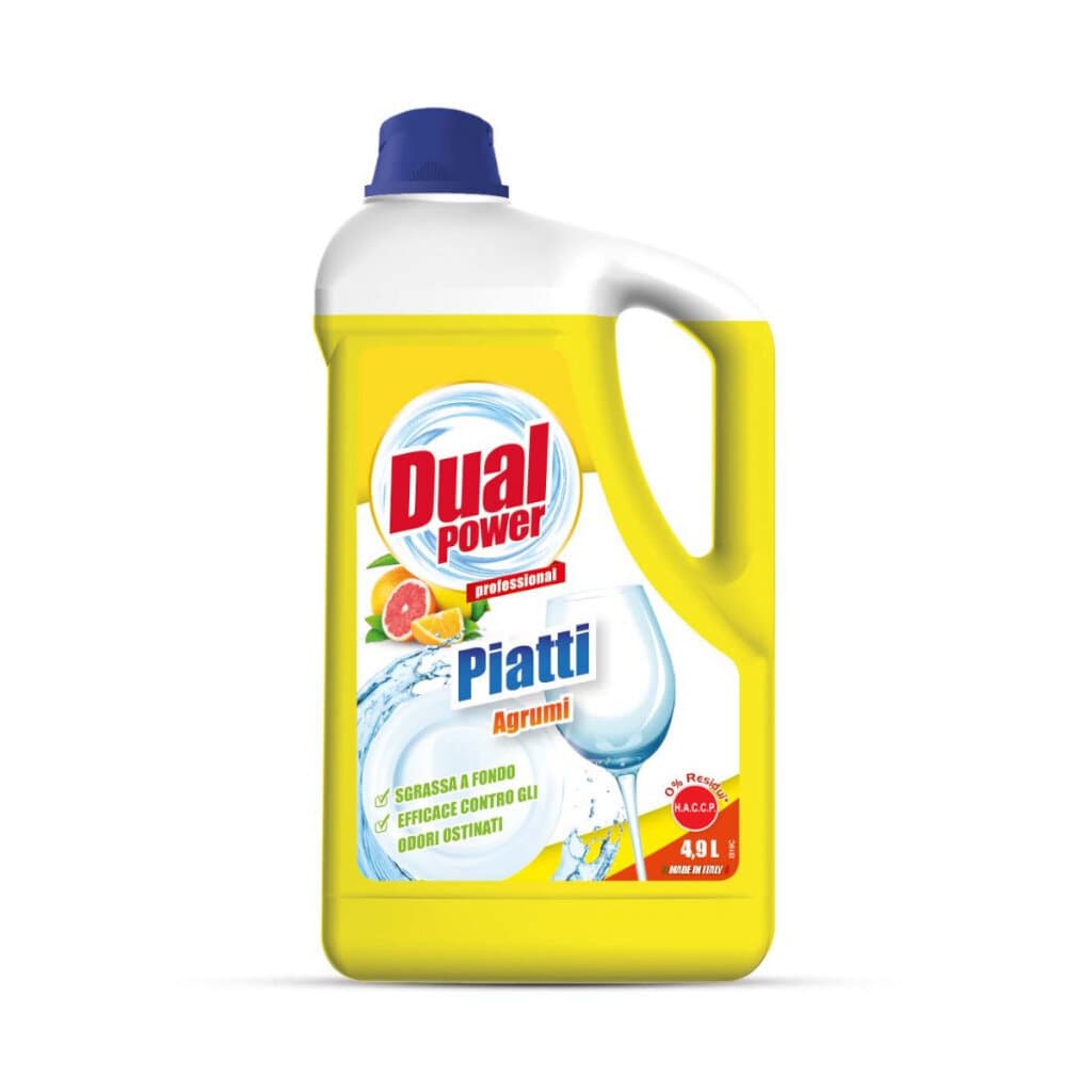 Dual Power Detergente Piatti Agrumi – Препарат за съдове с цитрусов аромат – Предна част на опаковката 5 л.