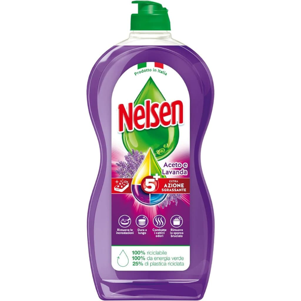 Опаковка на Nelsen Lavanda e Aceto Bianco 850ml с основна информация и лого.