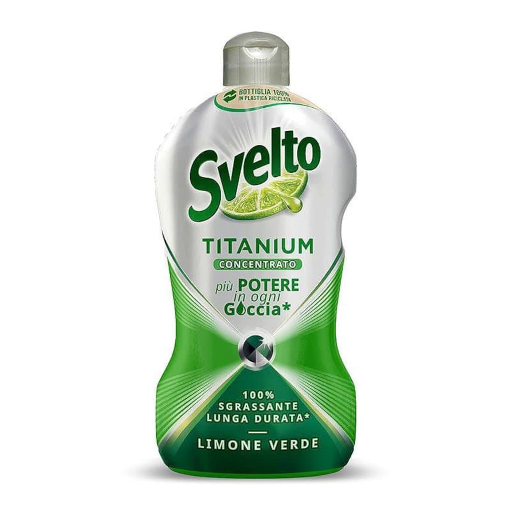 Обезмасляващ препарат за съдове Svelto Titanium Лимон в опаковка от 500 мл, показваща предната страна с основна информация.