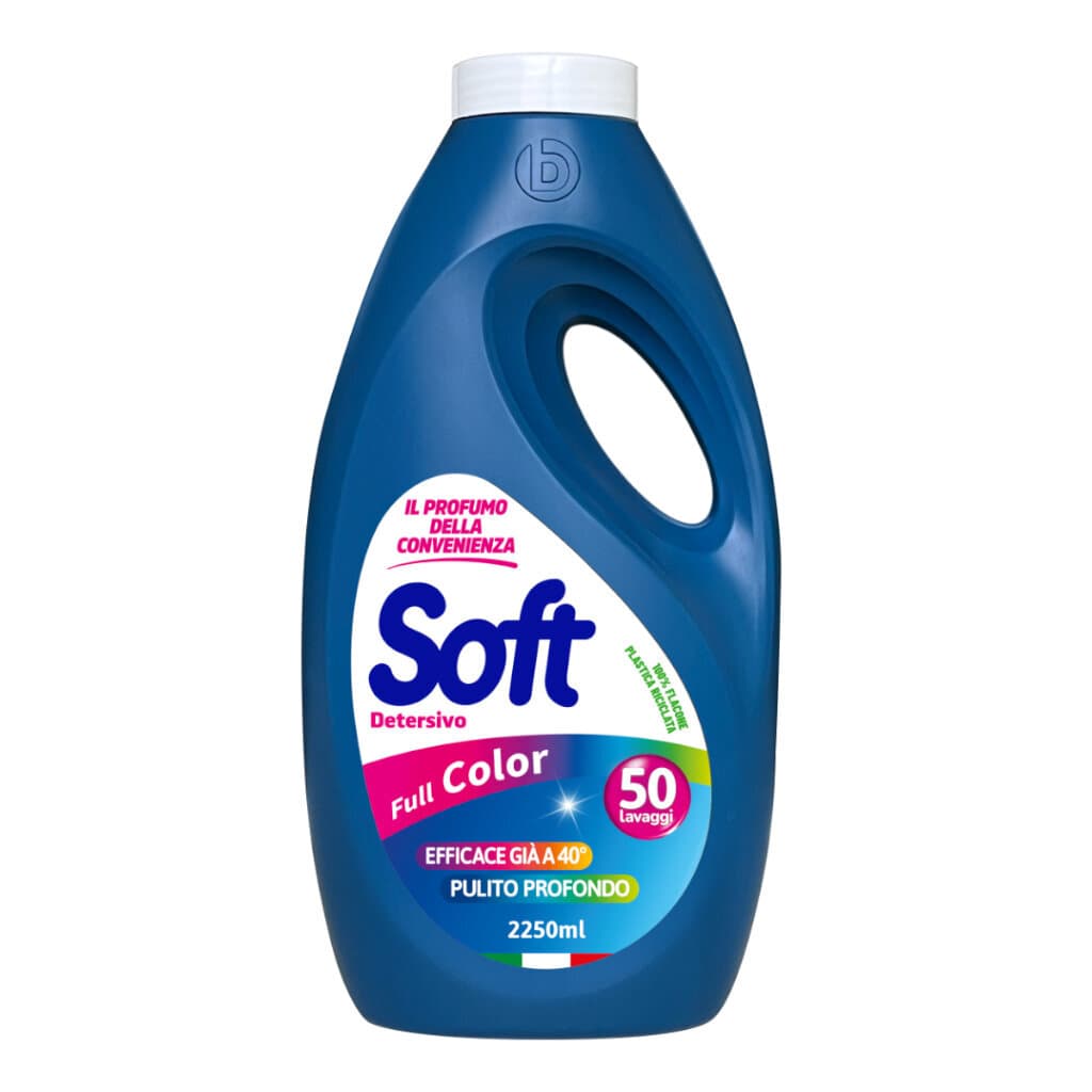 Soft Detersivo Liquido Full Color Liquigel – Течен перилен препарат за цветни дрехи – Предна част на опаковката.