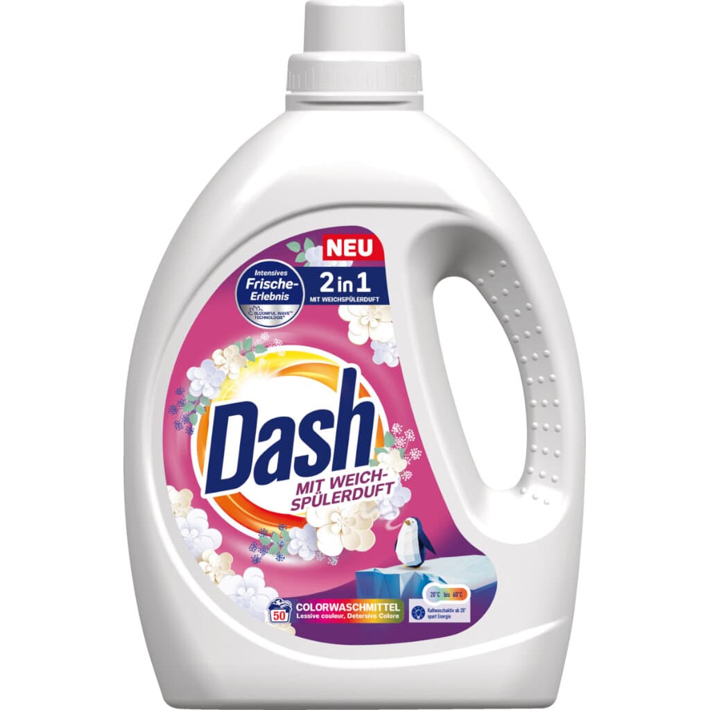 Опаковка на Dash 2in1 Colorwaschmittel Flüssig mit Weichspülerduft.