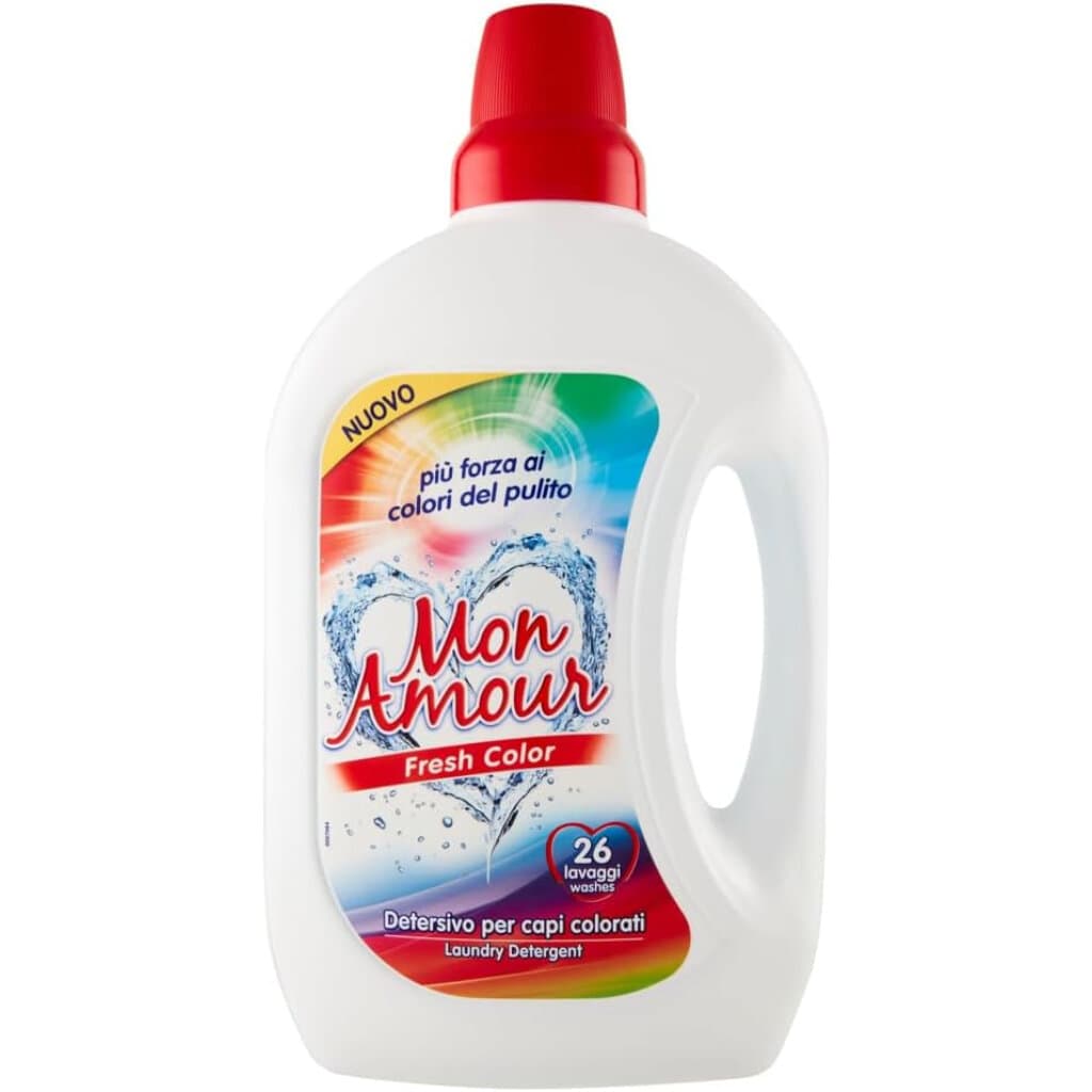 Опаковка и преден изглед на Mon Amour Detersivo Liquido Lavatrice Fresh Color 1.56 л | Течен Перилен Препарат за Цветни Дрехи