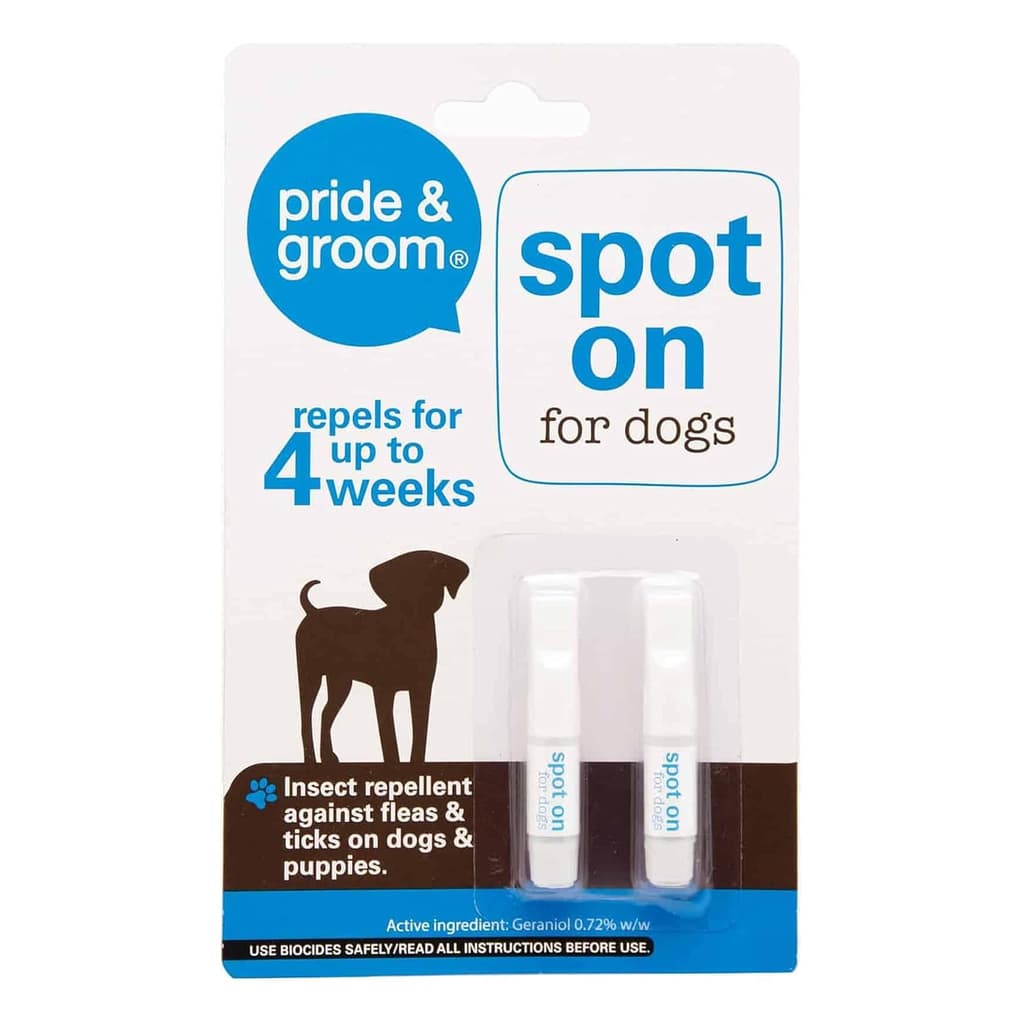 Pride & Groom Spot On репелентни капки с гераниол срещу бълхи и кърлежи за кучета и кученца 2 × 1 мл