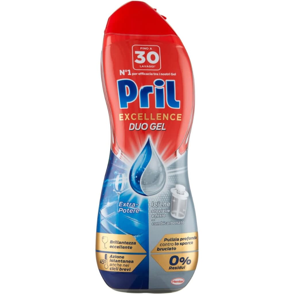 Опаковка на Pril Excellence Duo Gel Igienizzante (650 мл) с акцент върху двойната формула.