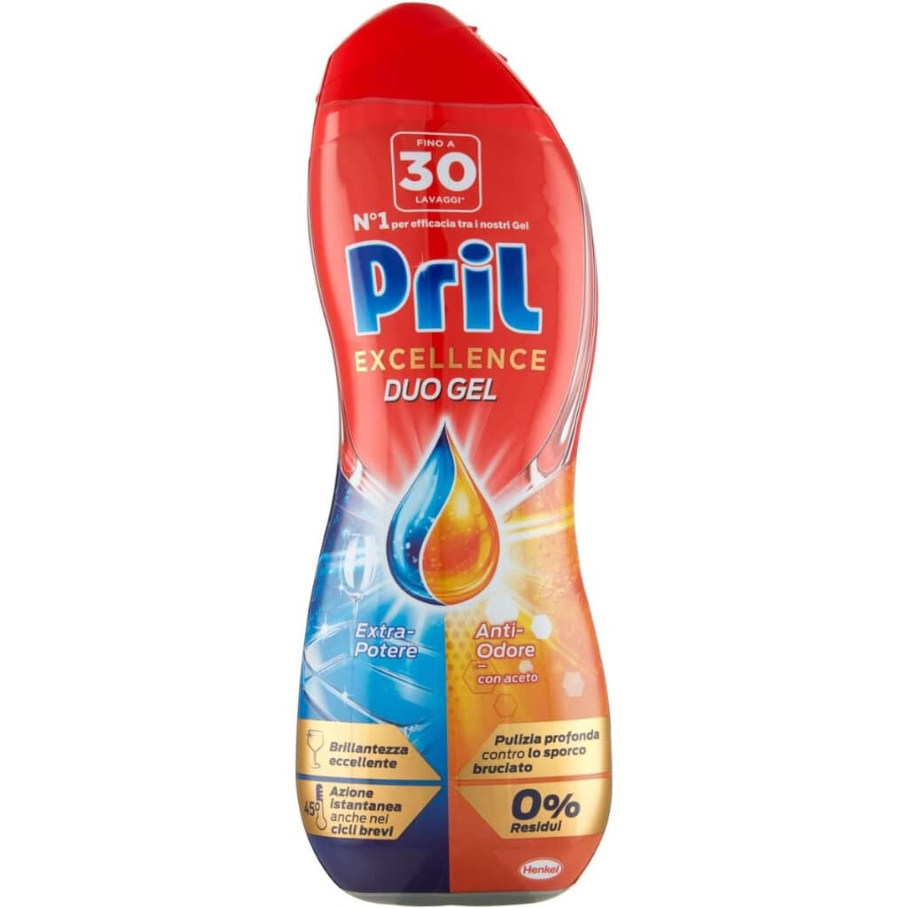 Опаковка на Pril Gel Excellence Anti-Odore за съдомиялна машина (650 мл), показваща продукта и акцентираща върху анти-одор ефекта.