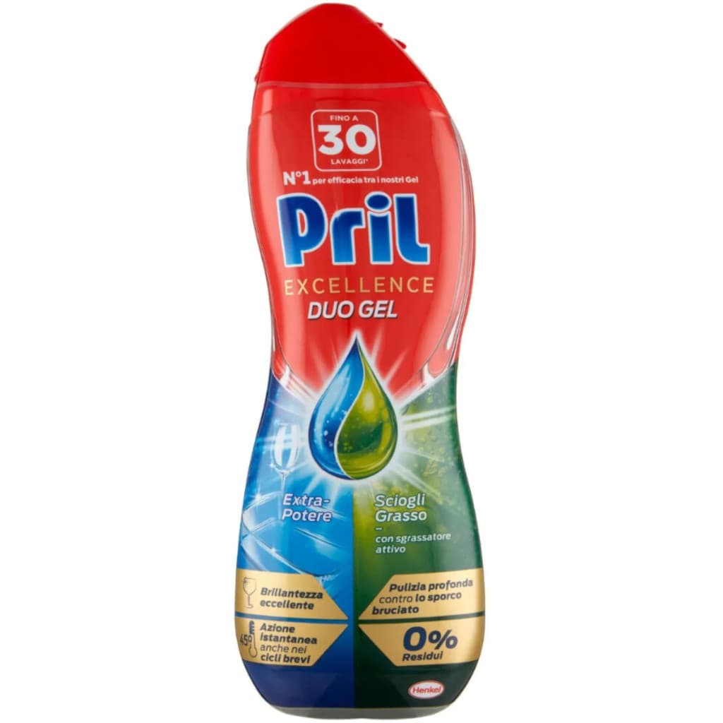 Опаковка на Pril Excellence Duo Gel Sciogli Grasso (540 мл), показваща двойната формула и акцентираща върху разтварянето на мазнини.