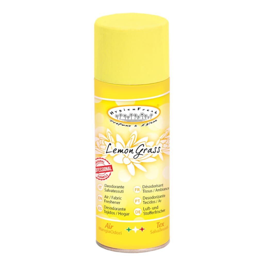 Опаковка и преден изглед на HygienFresh DeoSpray Lemongrass - Дезодориращ спрей с аромат на лимонова трева