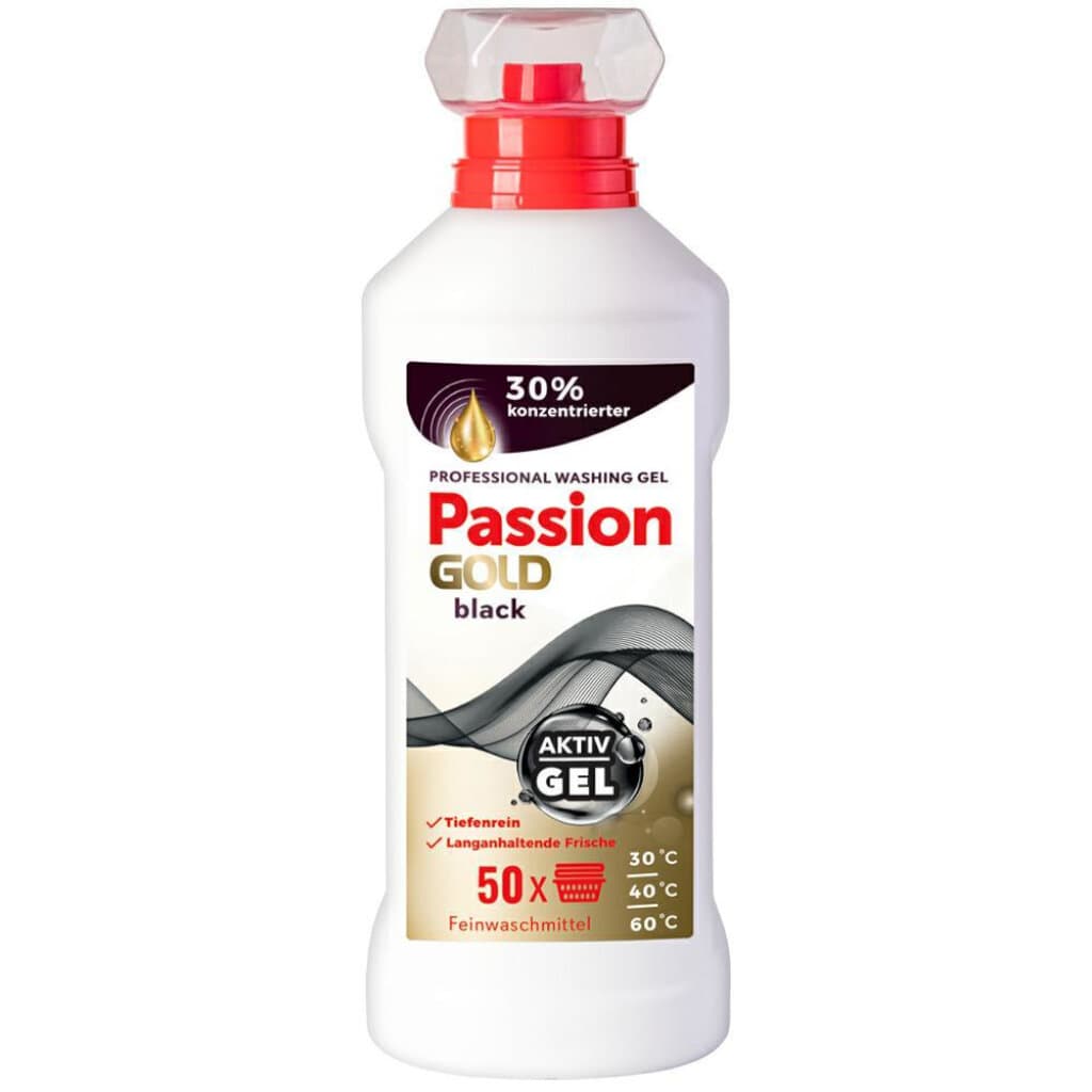 "Passion Gold Black – Laundry Gel 2L: Предна страна на опаковката, показваща висококонцентрирания гел за пране за тъмни и черни тъкани."