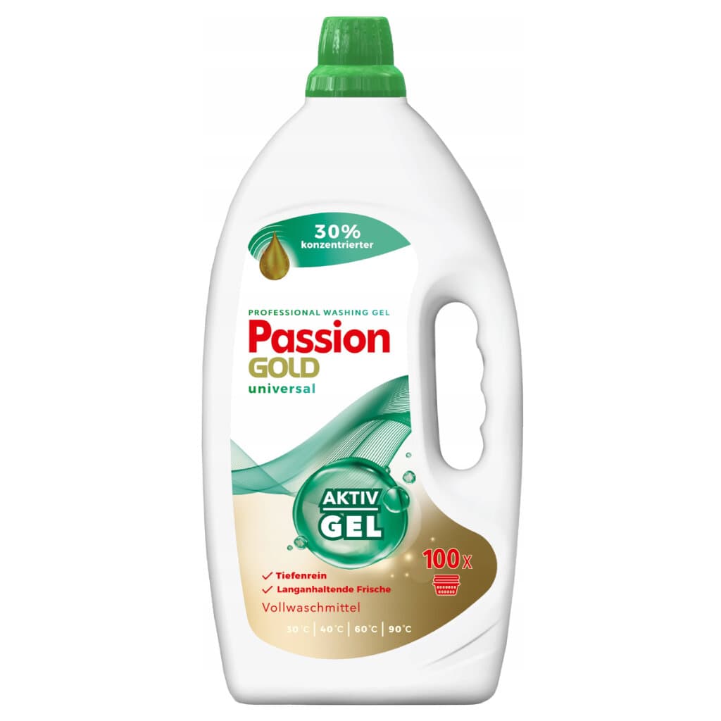 "PASSION GOLD Washing Gel 4L Universal – Предна страна на опаковката, показваща продукта за ефективно пране на бели и цветни тъкани."