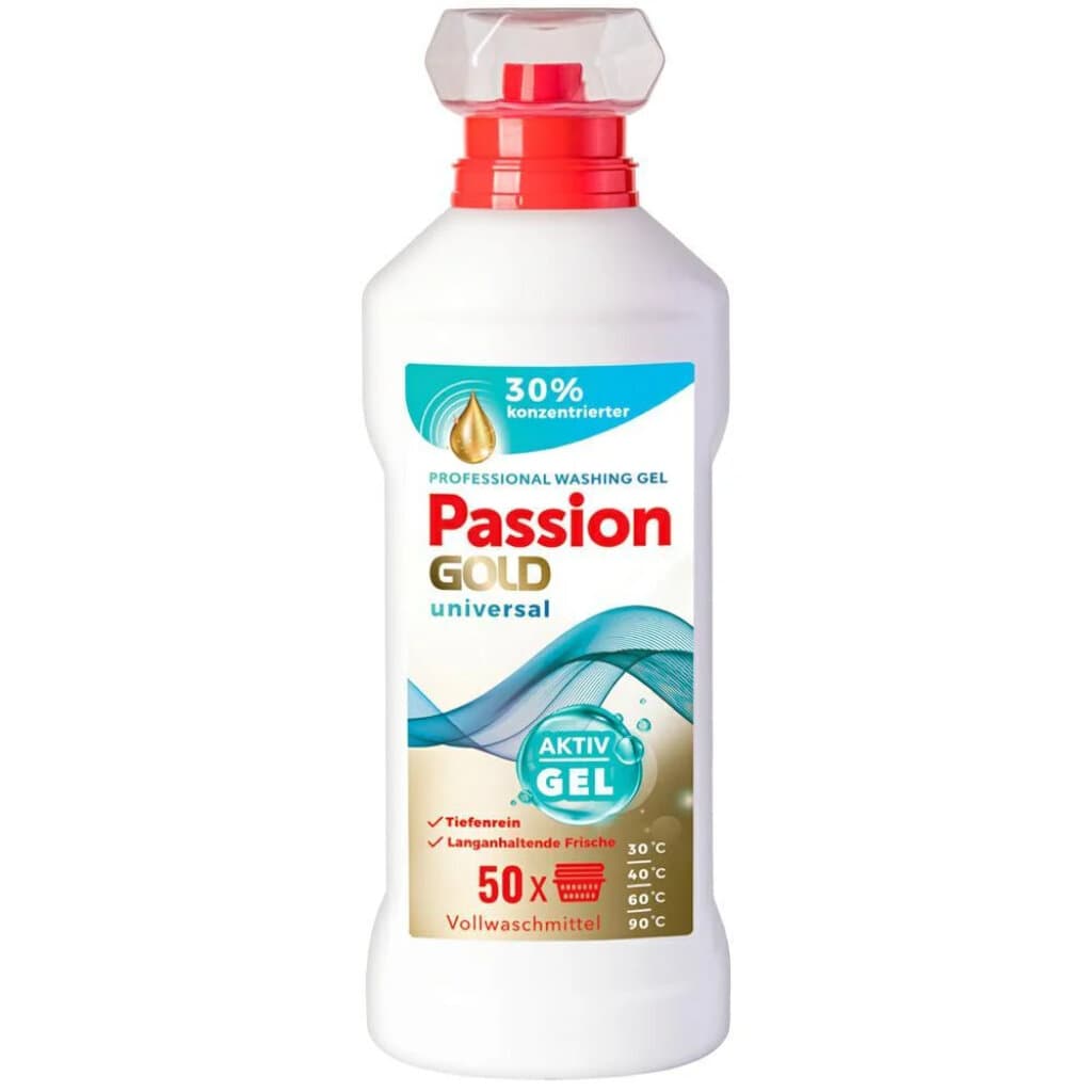 "Passion Gold Professional Universal Aktiv Gel – 2L: Предна страна на опаковката, показваща гела за пране с иновативна формула за бели и цветни тъкани."