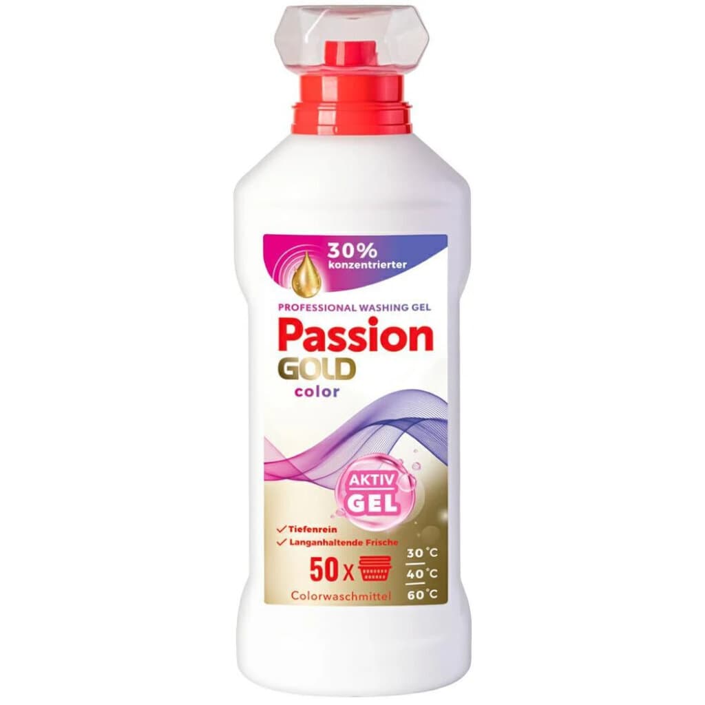 "PASSION GOLD Color – Aktiv Gel for Washing Colored Fabrics 2L: Предна страна на опаковката, показваща висококонцентрирания гел за пране за цветни тъкани."