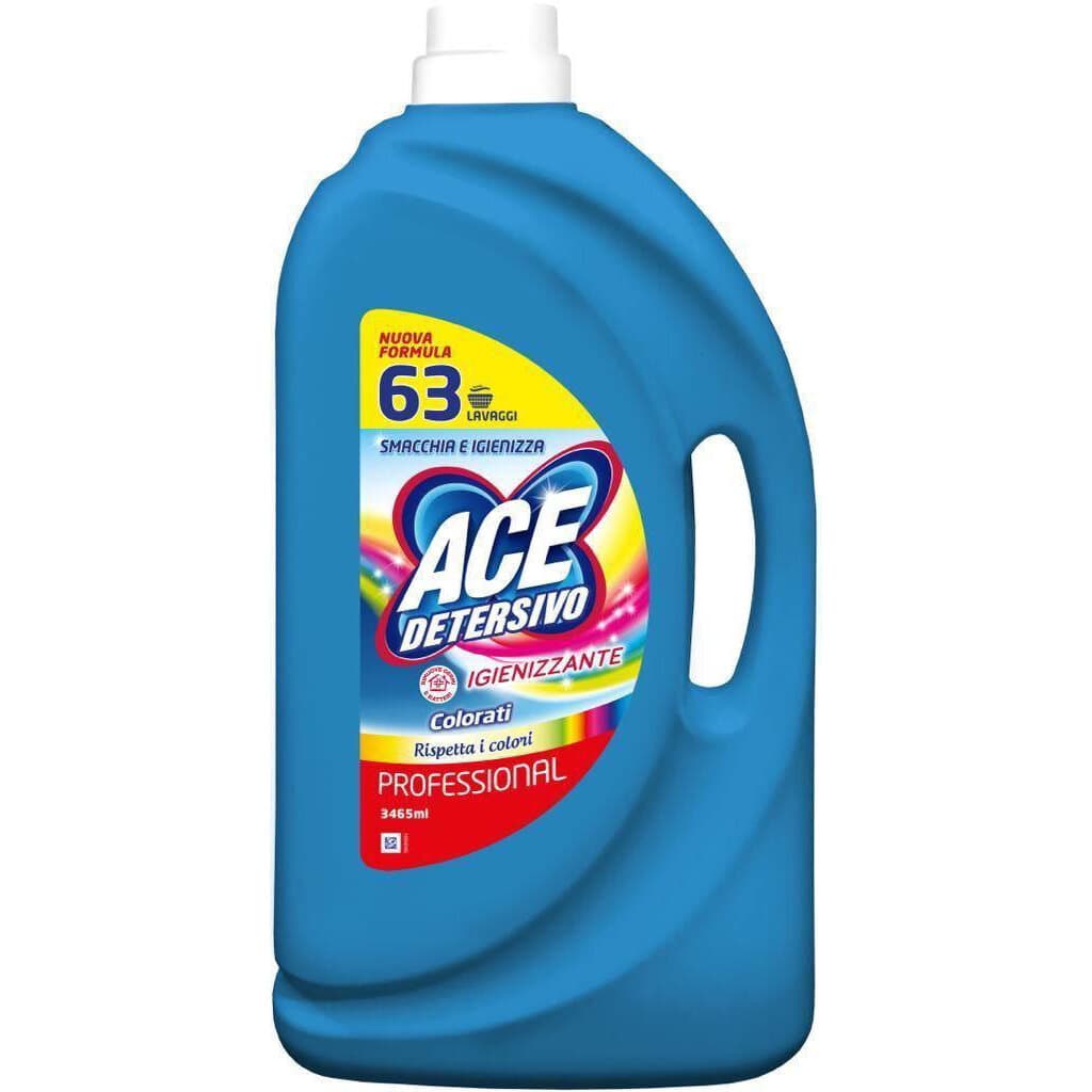 Опаковка на ACE Detersivo Lavatrice Liquido Colorati (63 пранета), показваща продукта и акцент върху запазването на цветовете.