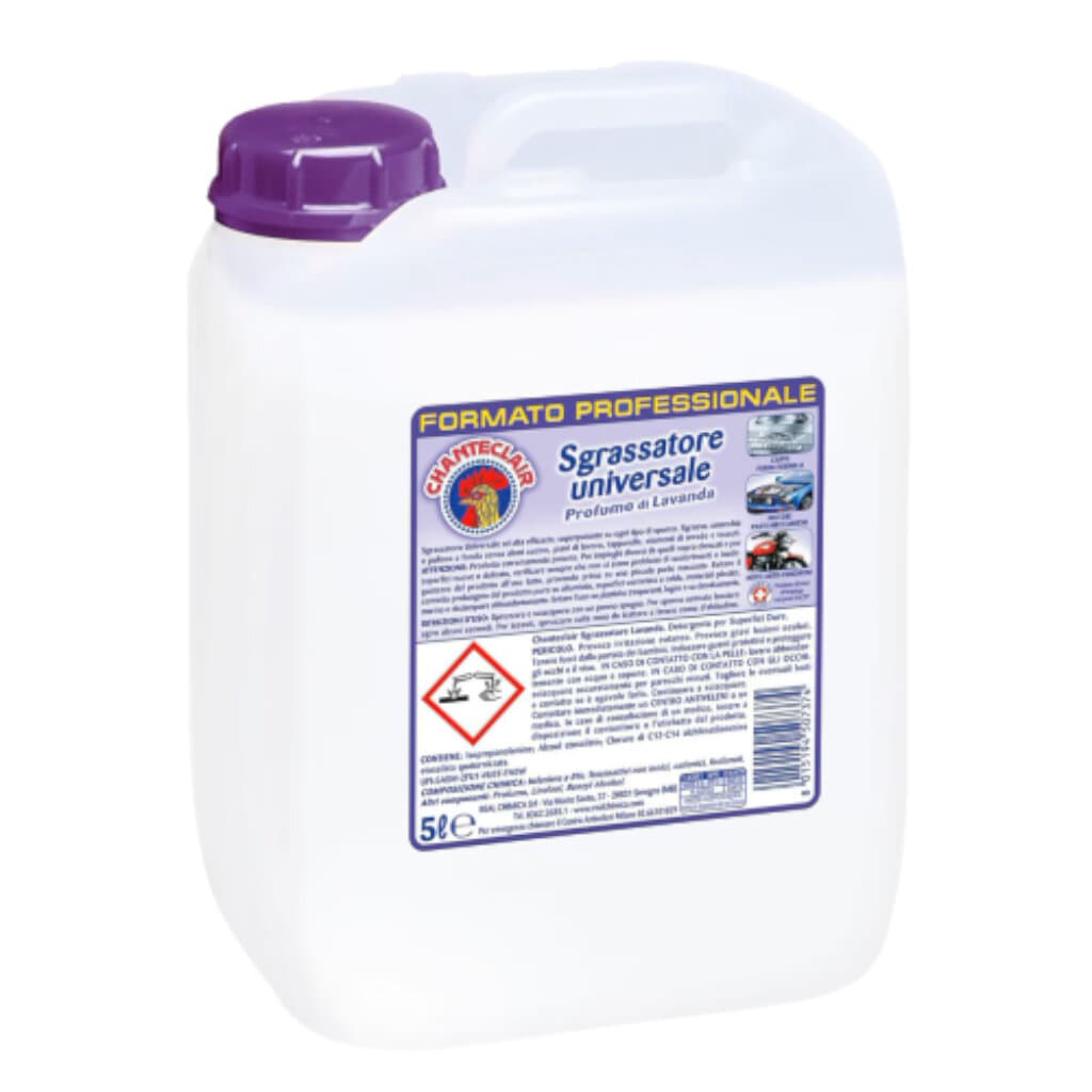 Опаковка на CHANTE CLAIR Sgrassatore Universale с аромат на лавандула (5 л), показваща продукта и проложенията му