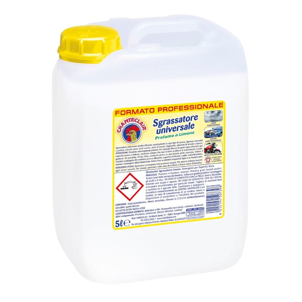 Опаковка на Chanteclair Sgrassatore Universale Zitrone (5 Л), показваща продукта и акцентираща върху приложенията на продукта.
