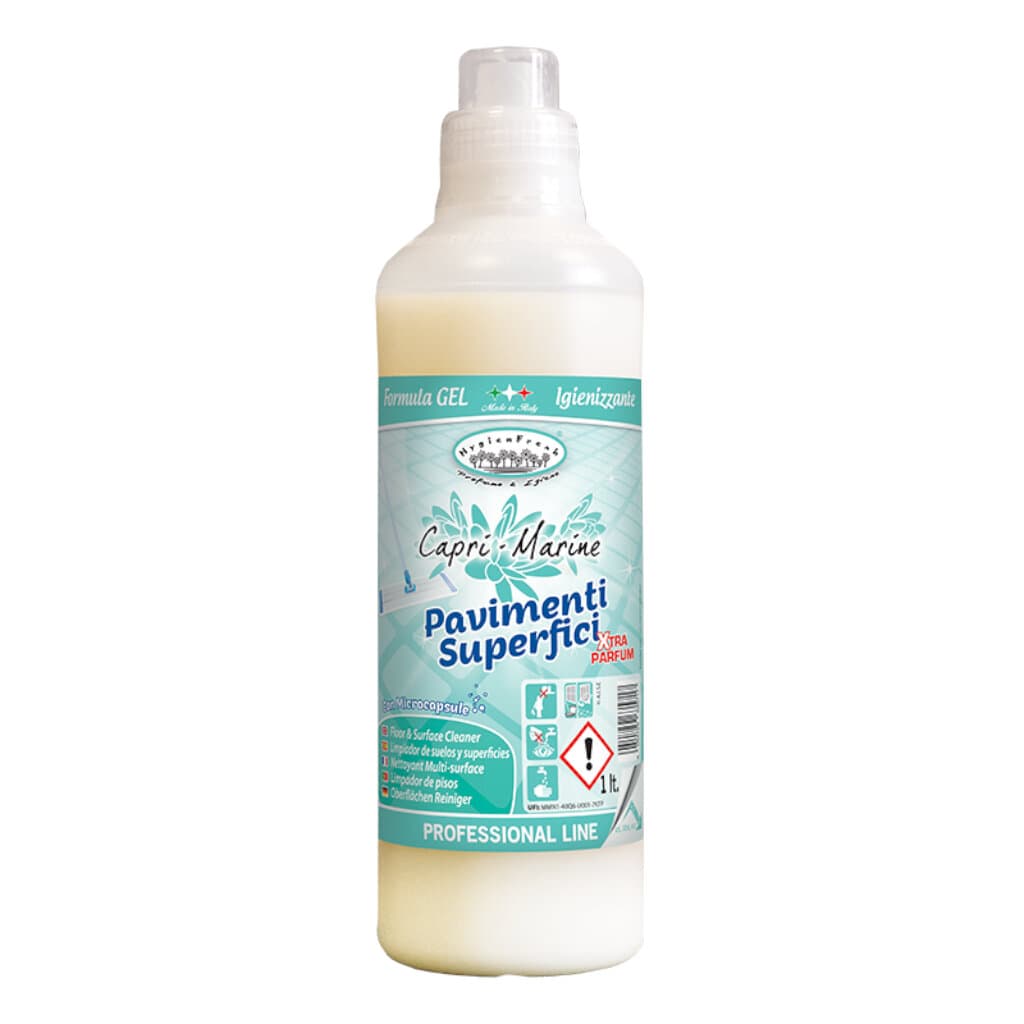 HygienFresh® – Почистващ препарат за подове и повърхности "Capri-Marine" – Преден изглед на опаковката.