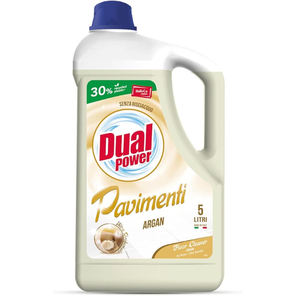 Dual Power Detergente Pavimenti Argan 5L – Предна страна на опаковката.