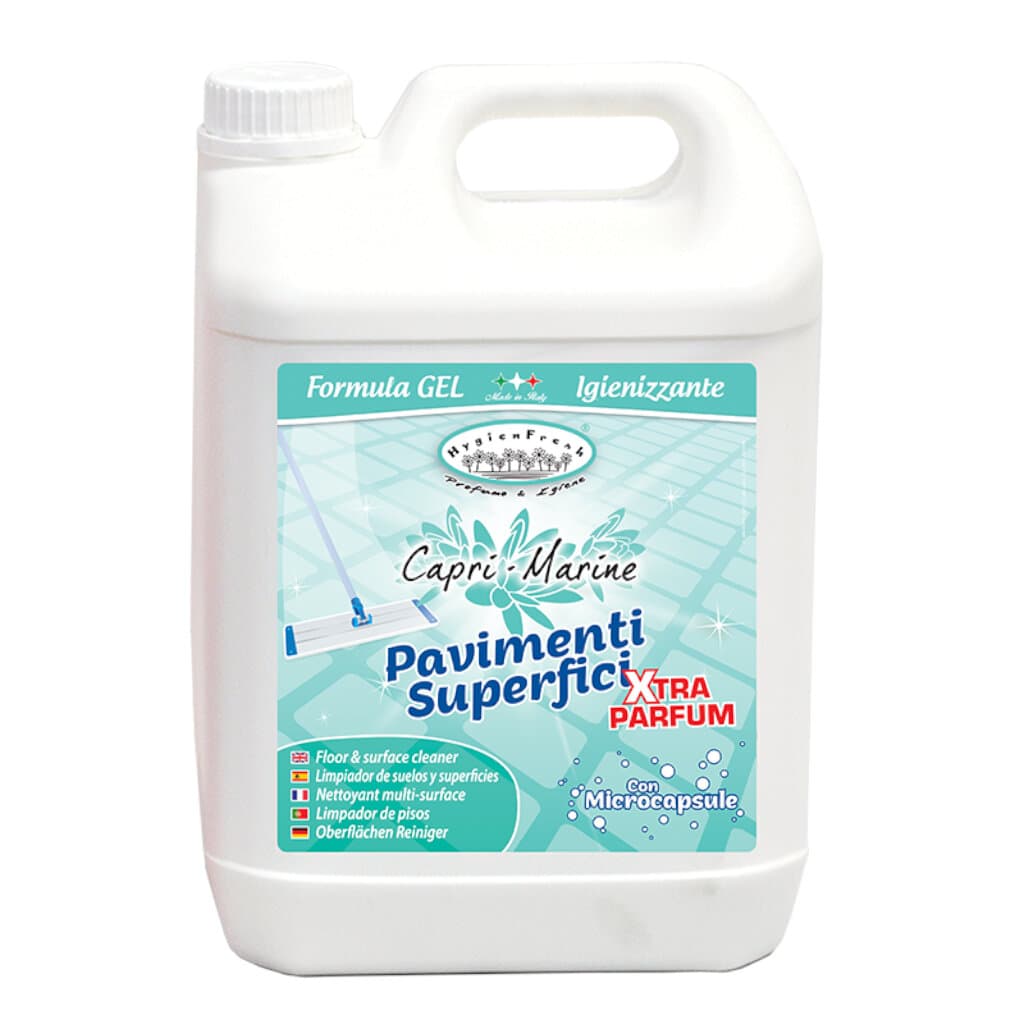 HygienFresh® – Почистващ препарат за подове и повърхности "Capri-Marine" 5 литра – Преден изглед на голямата опаковка.