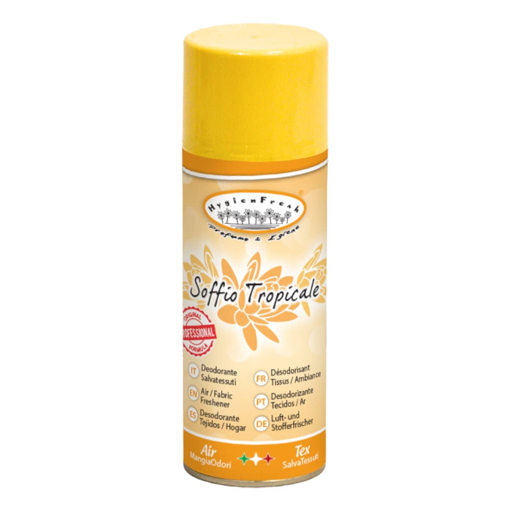 Опаковка и преден изглед на HygienFresh DeoSpray Soffio Tropicale - 400 ml | Дезодориращ спрей с аромат на тропически плодове