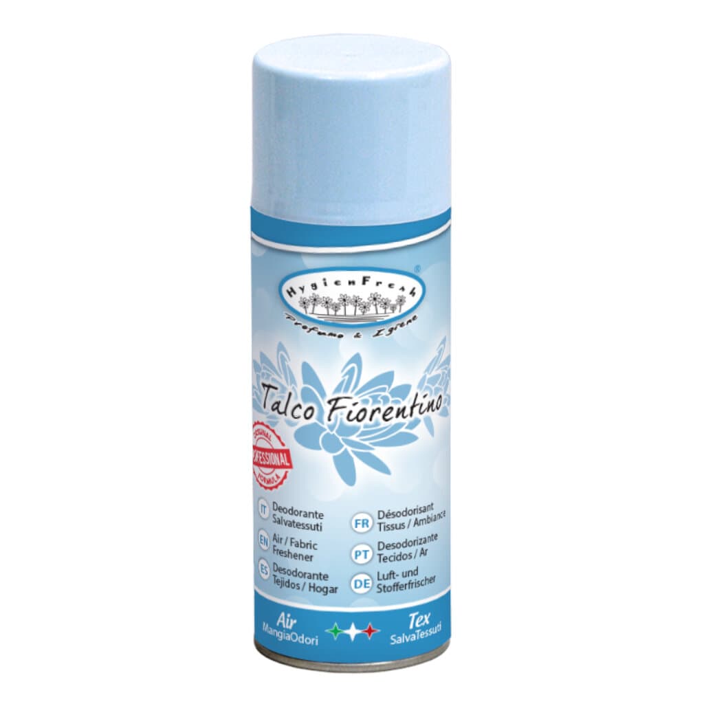 Опаковка и преден изглед на HygienFresh DeoSpray Talco Fiorentino - 400 ml | Дезодориращ спрей с аромат на флорентинска талкова пудра