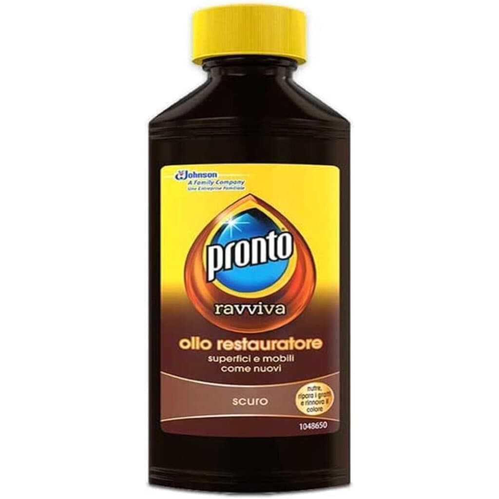 Опаковка на Pronto Repairing Oil, показваща продукта и неговото предназначение за дървени мебели.
