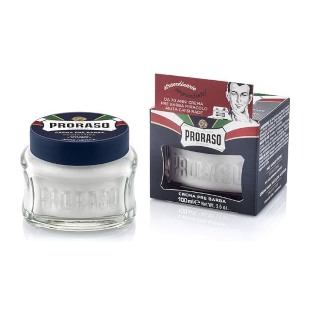 Proraso Crema Pre Barba Protettiva – Опаковка с класически дизайн и описание на продукта.