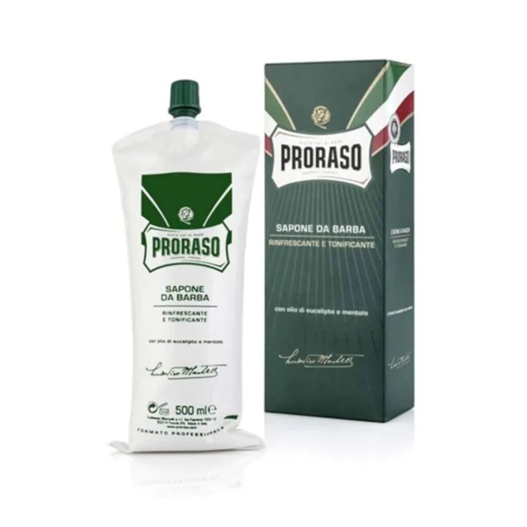 "Sapone da Barba Rinfrescante Proraso 500 ml – Предна страна на опаковката, показваща дизайна и характеристиките на продукта."