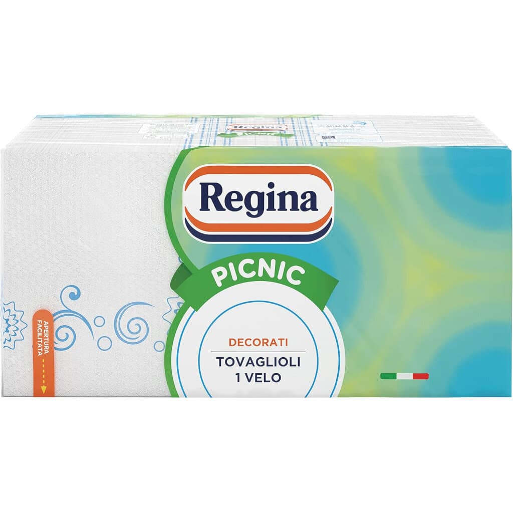Опаковка на Regina Picnic Tovaglioli Decorati, показваща цветния дизайн на салфетките.