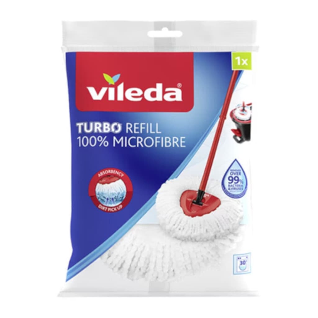 "Vileda Turbo 100% Микрофибър – Предна страна на опаковката, показваща fiocco ricambio от 100% микрофибър за системи Vileda Turbo."