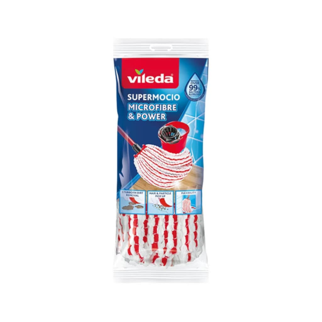 "Vileda SuperMocio Microfibre & Power – Предна страна на опаковката, показваща заместителната глава от микрофибър."