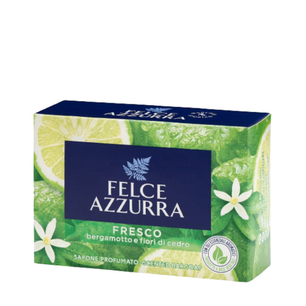 Опаковка на Felce Azzurra Sapone Solido Fresco (100 гр), показваща логото и дизайна с освежаващи елементи.
