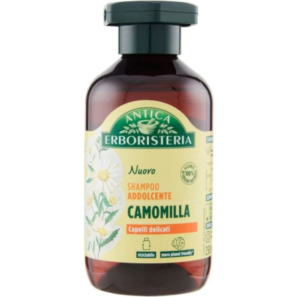 Опаковката на Antica Erboristeria Camomilla Shampoo отпред с лого и основни инструкции.