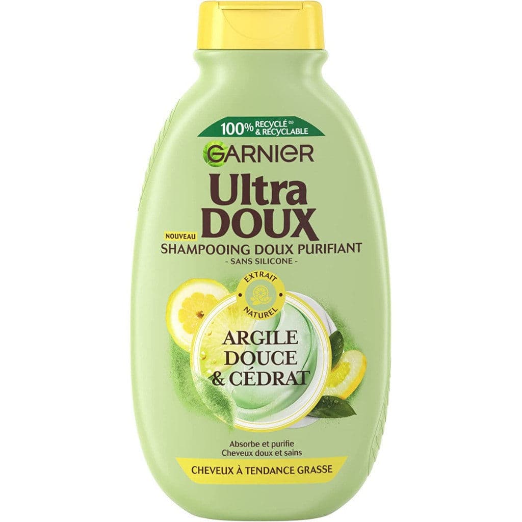 Опаковка на Garnier Ultra Dolce Shampoo Purificante с основни указания и лого.