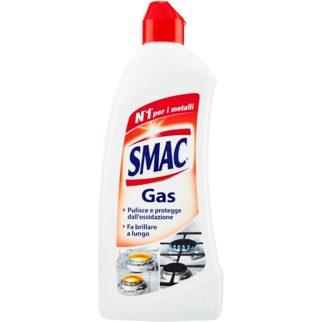 Smac Gas – Почистващ препарат за котлони и печки – Предна страна на опаковката.