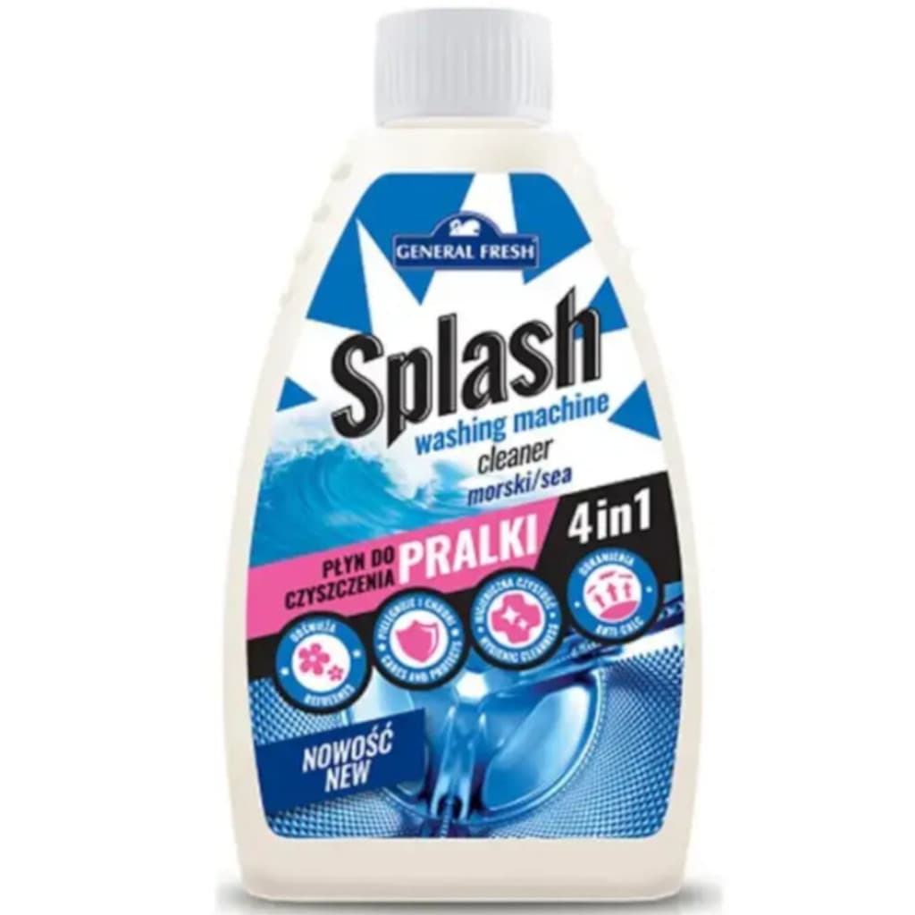 Бутилка на General Fresh Splash Почистване на перални машини с морски аромат (250 мл), показваща етикета и морски мотиви.