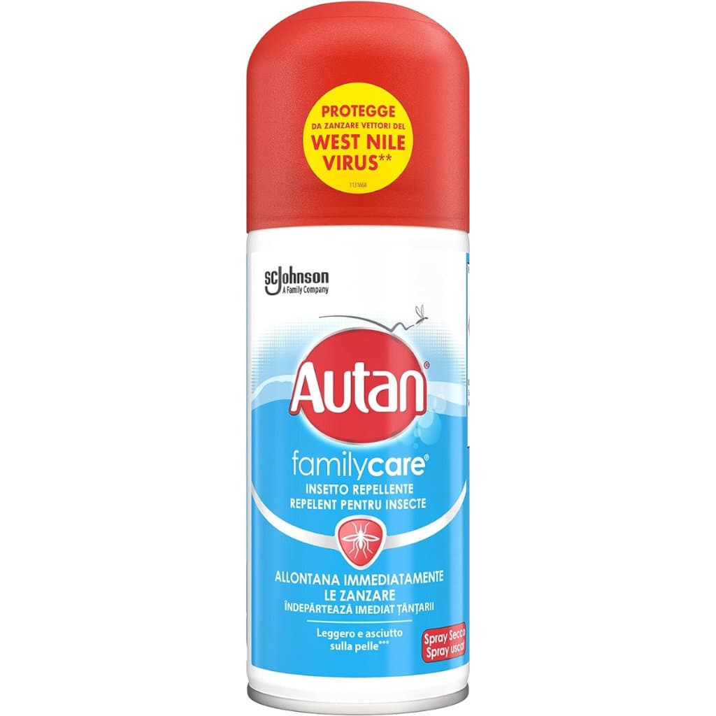 Опаковка на Autan Family Care Dry Spray с логото и основна информация.