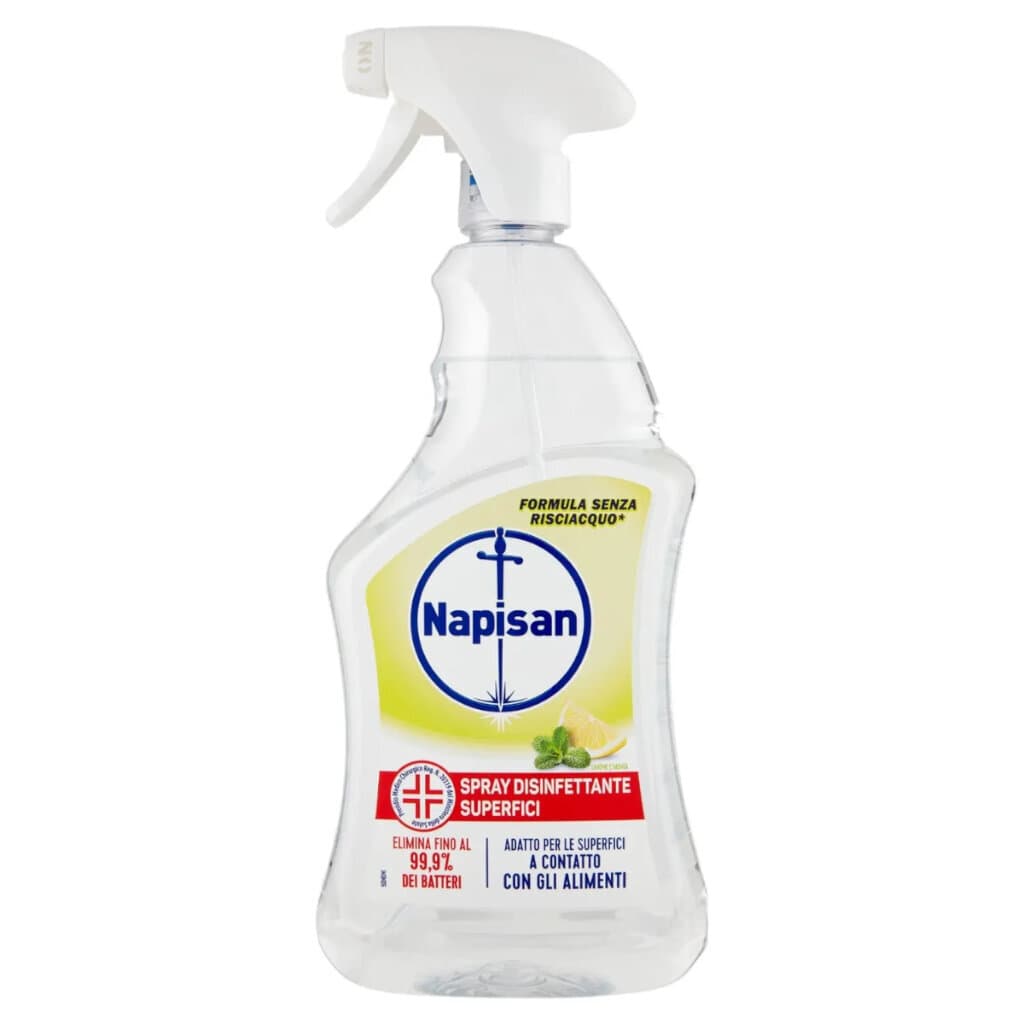 Napisan Spray Disinfettante Superfici Limone e Menta – Спрей хигиенизатор с освежаващ аромат – Предна част на опаковката.