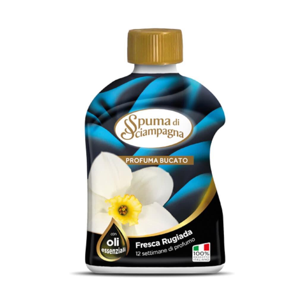 Опаковка и преден изглед на Spuma di Sciampagna Profuma Biancheria Fresca Rugiada - Парфюм за Пране с Аромат на Свежа Роса