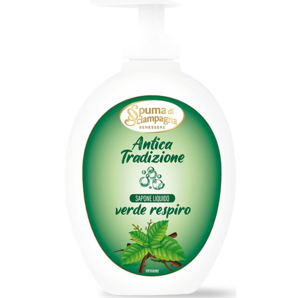 Опаковка на Spuma di Sciampagna Antica Tradizione Verde Respiro Sapone (250 мл) с изобразени естествени растения и зелени мотиви.