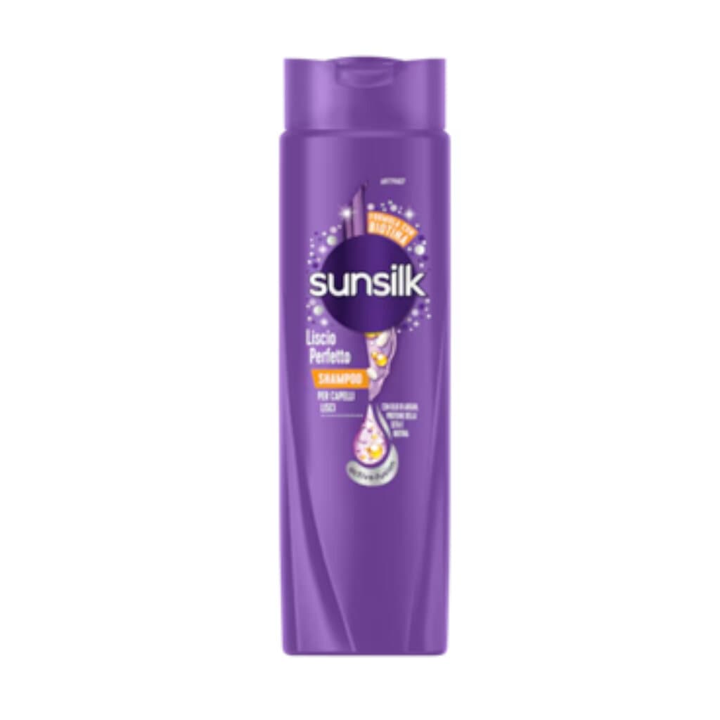 "Sunsilk Shampoo Liscio Perfetto – Предна страна на опаковката, показваща шампоана с формула Active-Fusion."