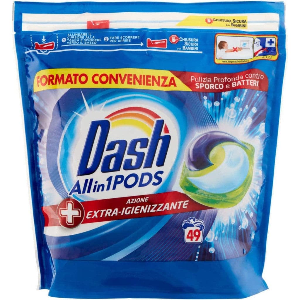 Dash Pods Extra Azione Igienizzante - опаковка с 49 капсули, показваща предната страна с основна информация.