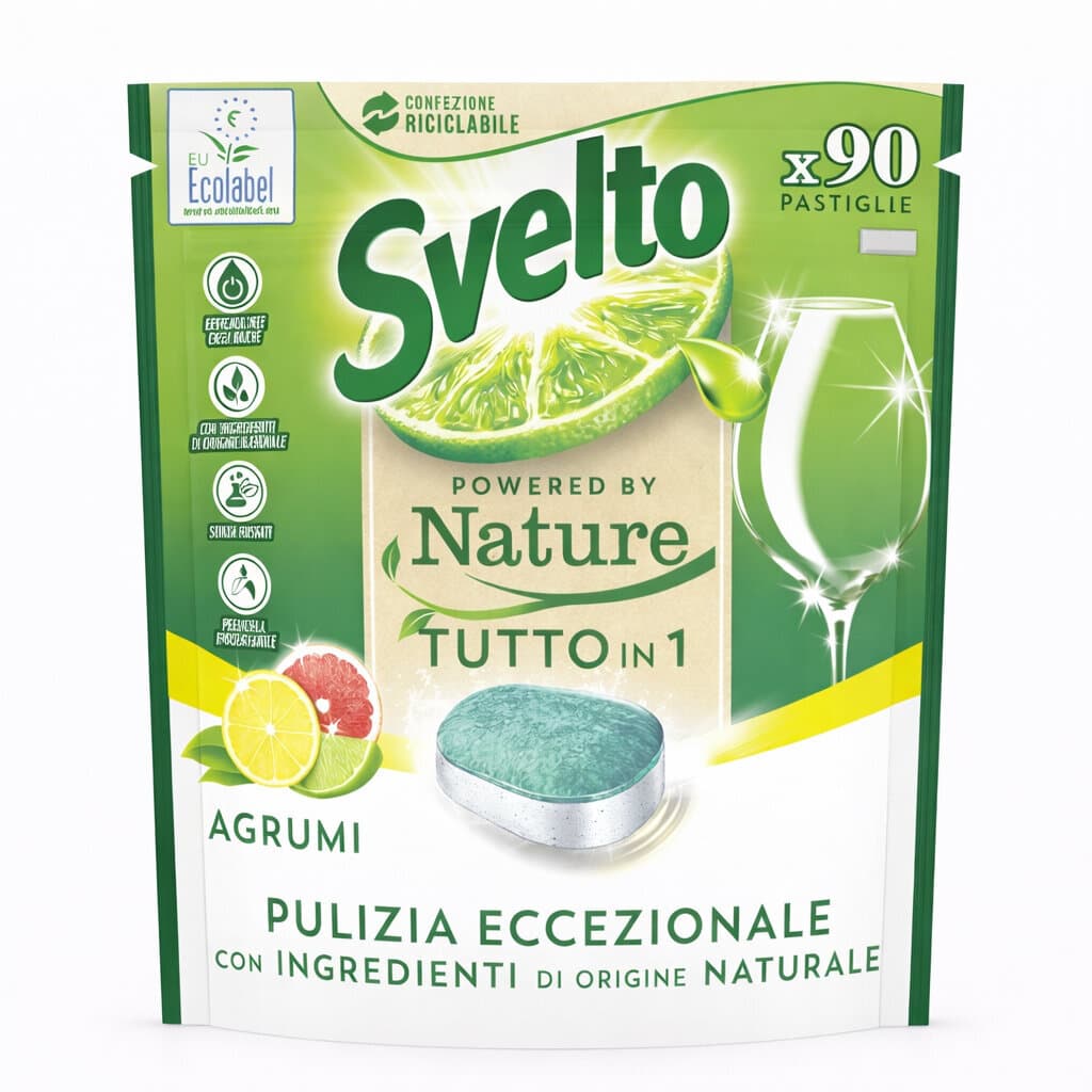 Svelto Tabs Tutto in 1 Agrumi – Таблетки за съдомиялна с цитрусов аромат – Предна част на опаковката.