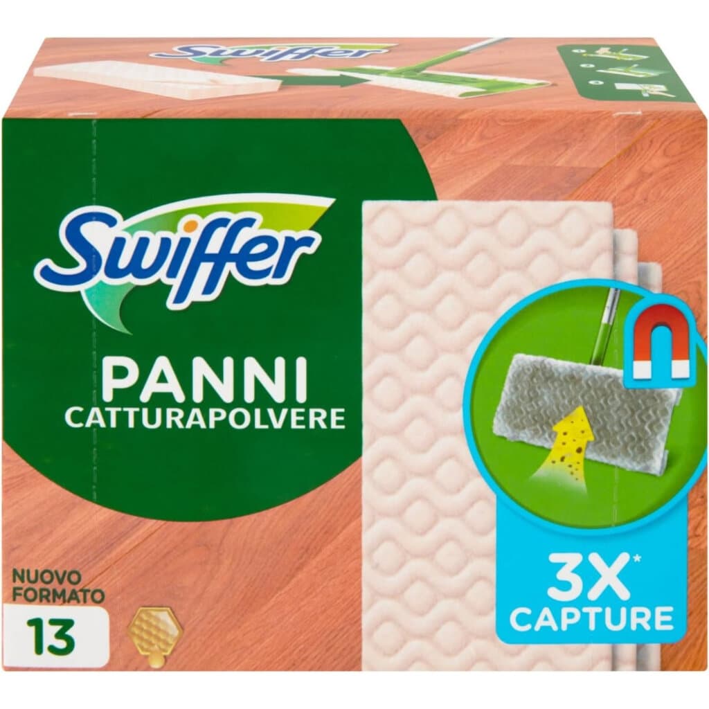Swiffer Panni Catturapolvere Legno & Parquet – предна опаковка на резервни кърпи за почистване на дървени и паркетни настилки.