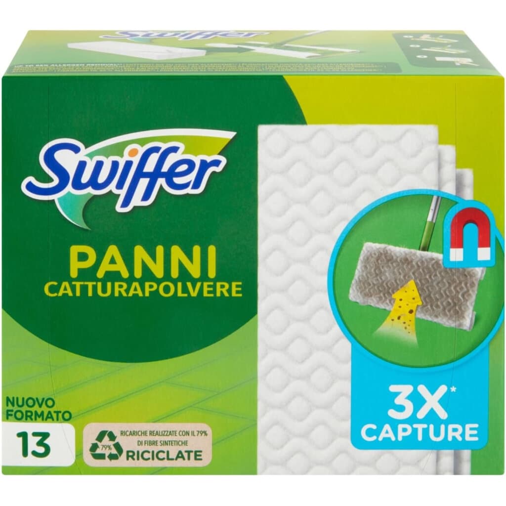 Swiffer Panni Catturapolvere per Scopa Swiffer – предна опаковка на резервни кърпи за почистване на подове.