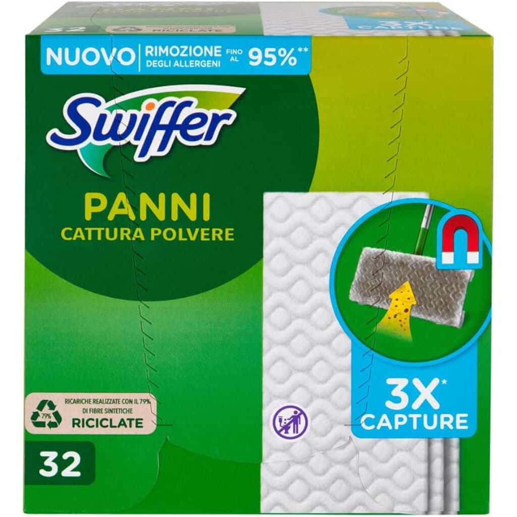 Swiffer Panni Catturapolvere per Scopa Swiffer – предна опаковка на резервни кърпи за почистване на подове.