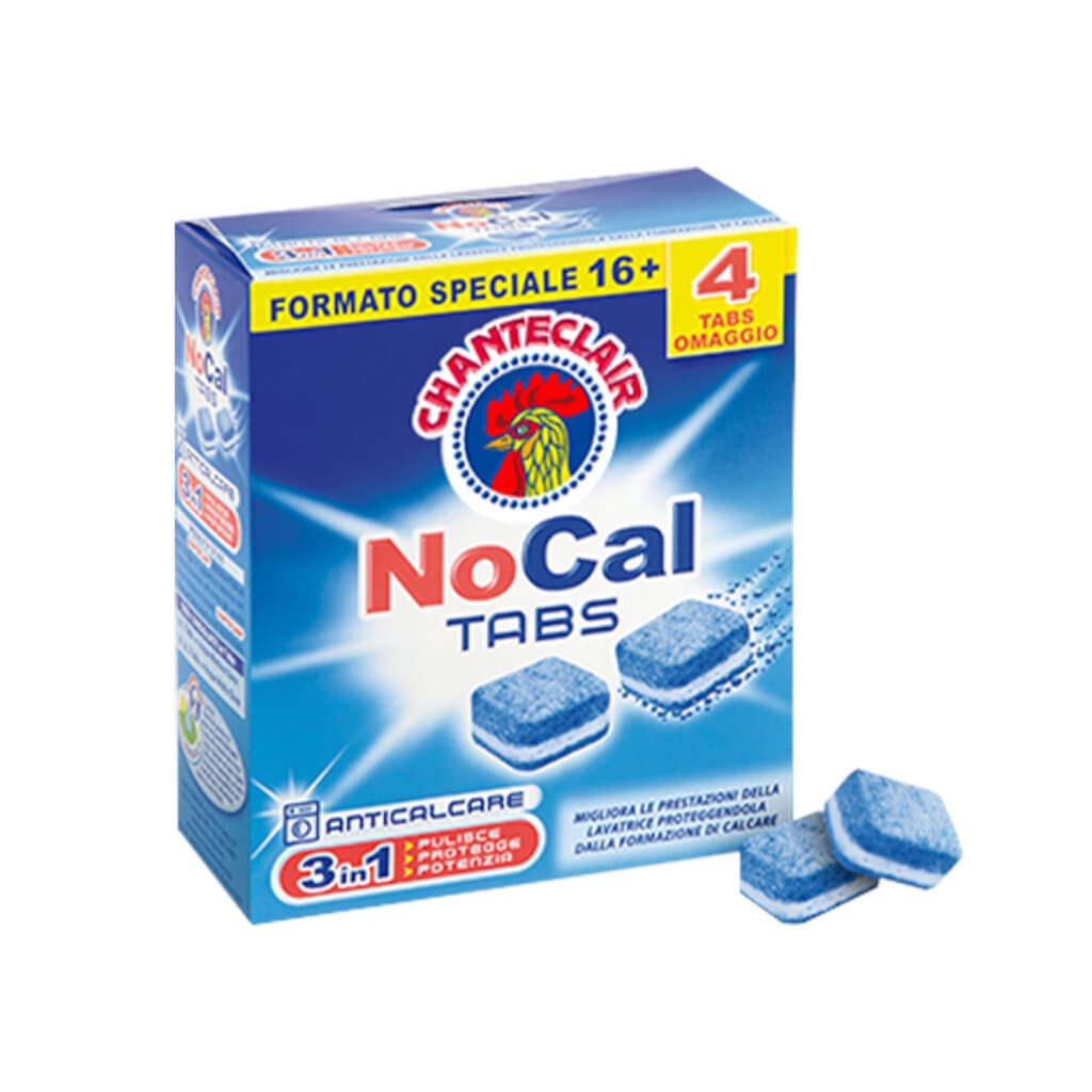Опаковка и преден изглед на Chanteclair NoCal Tabs Ефективни Таблетки за Премахване на Варовик за Перални Машини